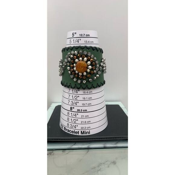 Faux Leather Hand Beaded Cuff Thick Bracelet Snap Closure - Picture 5 of 5